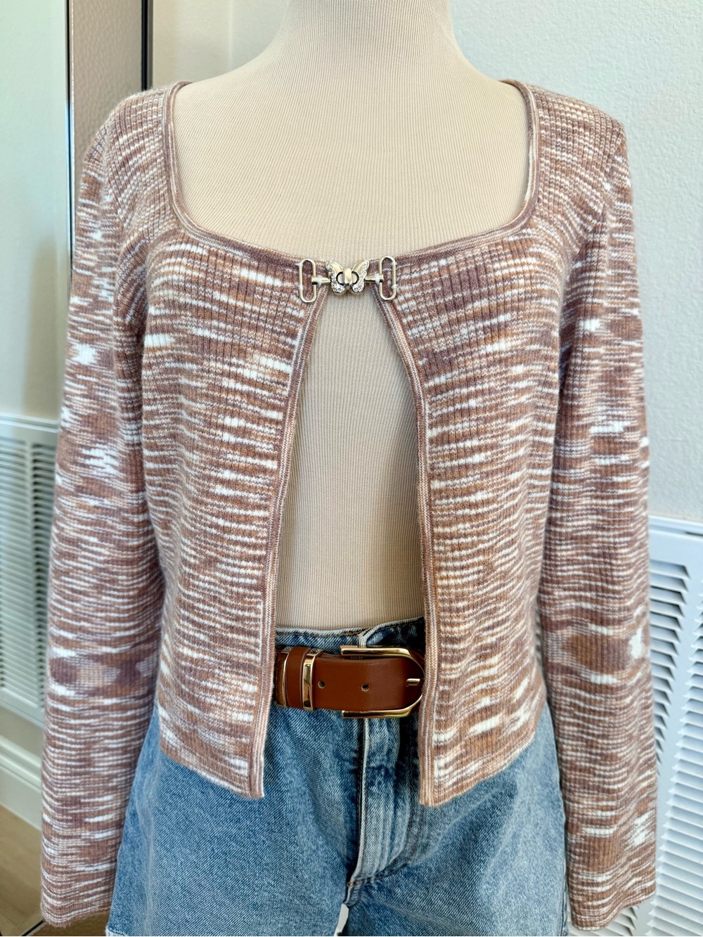 Square Neck Blush Marled Knit Long Sleeve Coquette Cardigan w Butterfly Clasp XL